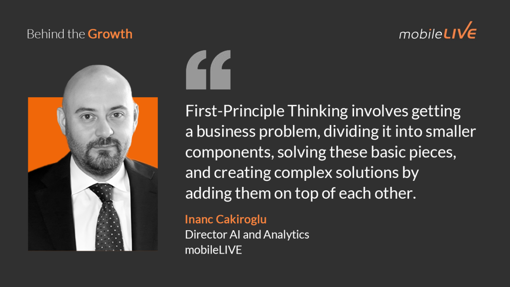 First-Principle Thinking involves getting a business problem, dividing it into smaller components, solving these basic pieces, and creating complex solutions by adding them on top of each other.